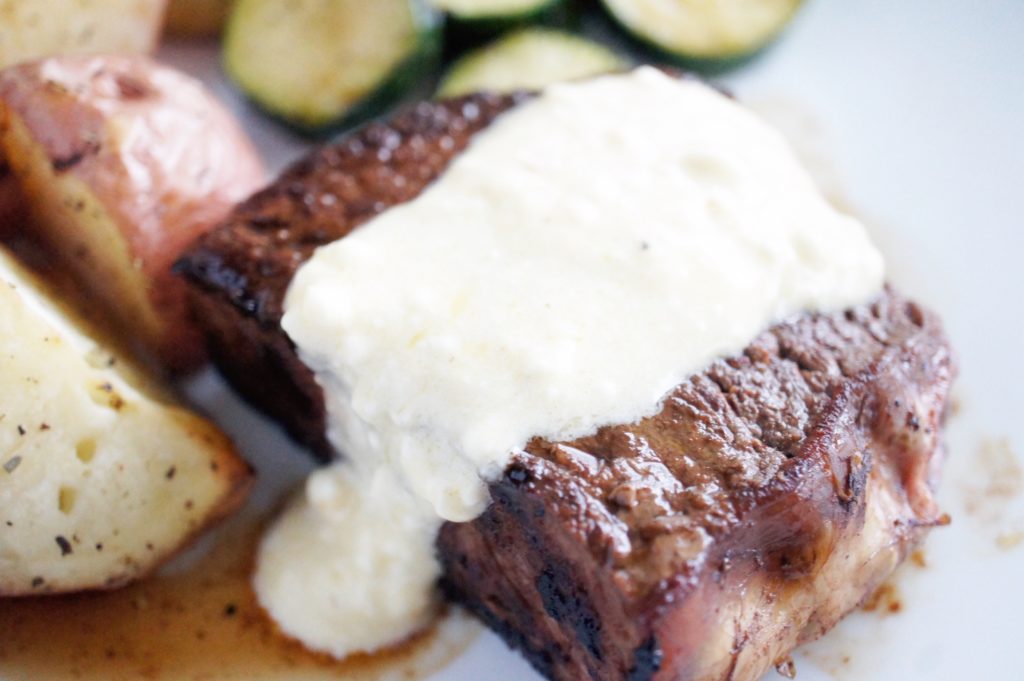 New York Strip with Melted Blue Cheese Butter, date night, classic date night, simple, mark west, new york strip, blue cheese butter, crispy potatoes, sautéed veggies, pinot noir, 