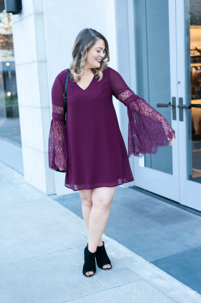 lace bell sleeve dress, bell sleeves, lace, dress, anjoulis boutique, winter, christmas, holidays, plum, wine colored dress 
